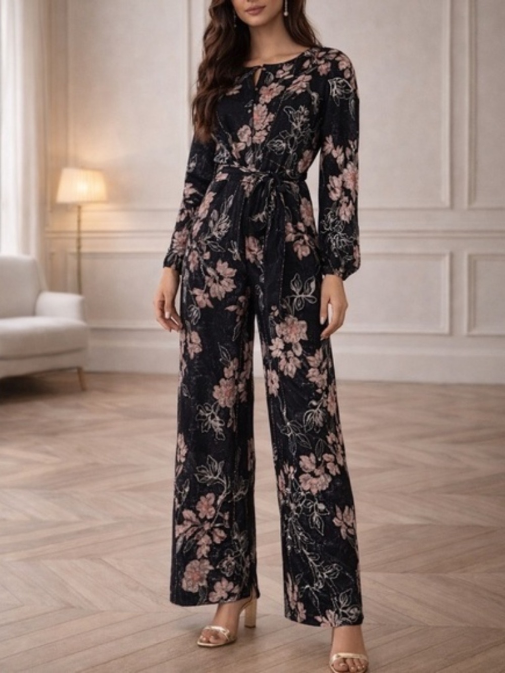 Anthro Harlyn Audria Black Floral Balloon Sleeve Jacquard Jumpsuit (Small)